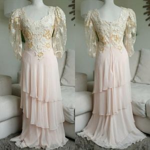 Vtg Judy Hornby Silk and Lace Applique Tiered Maxi Gown